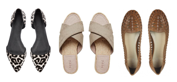 L to R: Witchery 'Amelia' flat, Seed Heritage 'Cross Over' Espadrille slides, Wittner 'Wendelle' flat