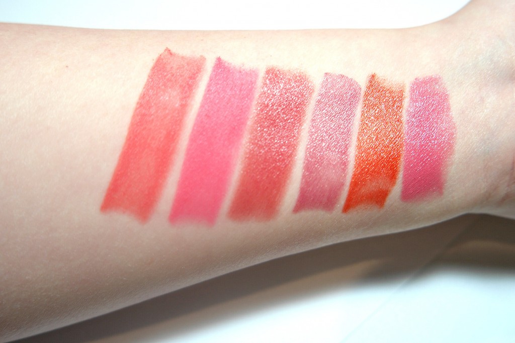L'Oréal Paris Colour Riche Lipstick swatch (L-R): 228 VIP, 131 Mistinguette, 133 Rosewood Nonchalant, 266 Rose Saphir, 293 Orange Fever, 285 Pink Fever